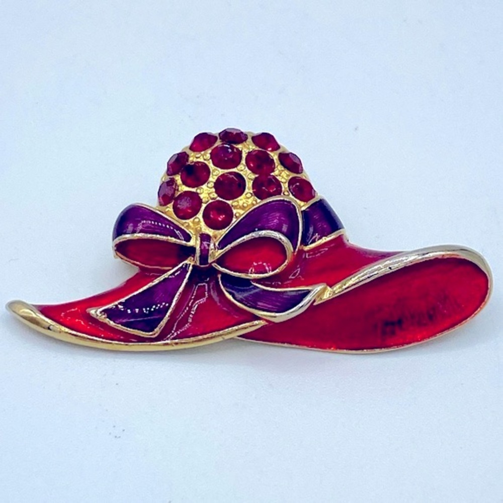 Vintage Red Hat Society Brooch/ Pin Red Enamel And Red Rhinestones With A Bow
